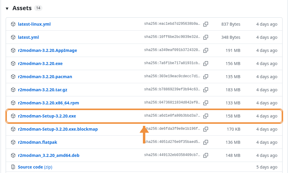 GitHub release page for r2modman with the r2modman-Setup .exe file highlighted