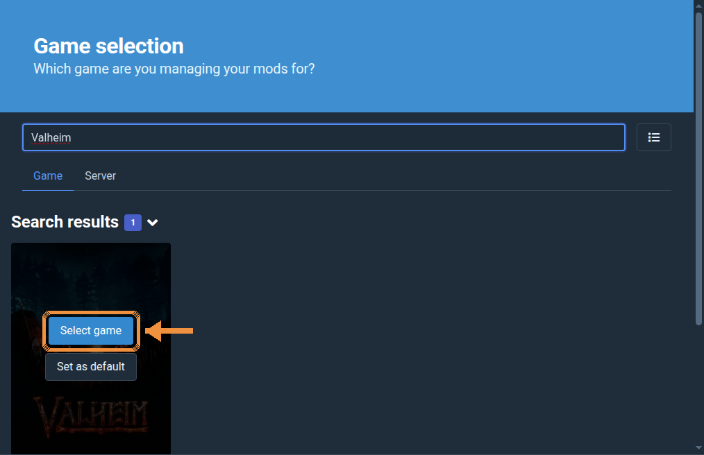 r2modman game selection with Valheim found and the Select game button highlighted