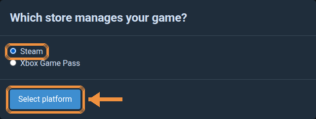 r2modman asking which store manages the game, with Steam and Select platform highlighted