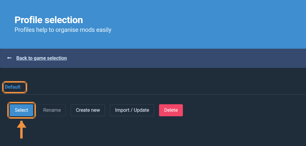 r2modman profile selection with the Default profile and the Select button highlighted