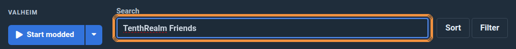 r2modman search box with TenthRealm Friends typed in, highlighted