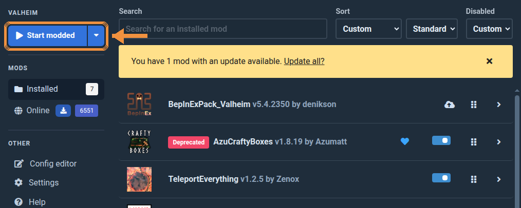 r2modman with the Start modded button highlighted and the installed mods listed